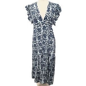 Paani Luv Womens Blue White Batik Floral Ruffle Sleeve Tiered Wrap Midi Dress M